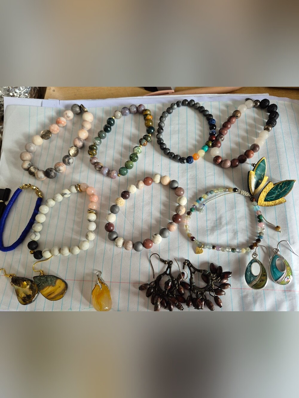 8 Stone Stretch Bracelets, Pendant And 4 Sets Of Earrings